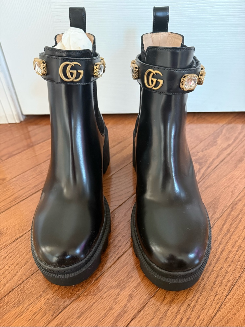 Gucci Black Leather Ankle Boots with Gold GG and Rhinestone Studded Straps